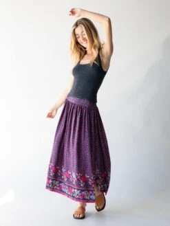 Natural Life Addie Midi Skirt - Navy Pink Floral Border -Natural Life Shop 1A2A4762