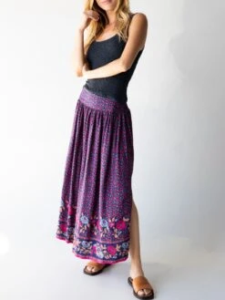Natural Life Addie Midi Skirt - Navy Pink Floral Border