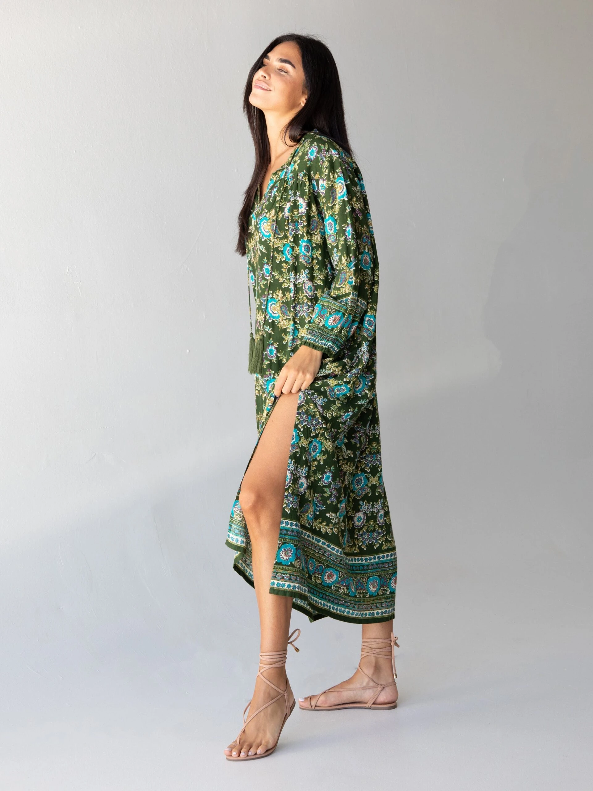 Natural Life Dara Woven Maxi Dress - Olive Floral Border 1 Natural Life Dara Woven Maxi Dress - Olive Floral Border