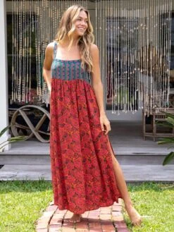 Natural Life Patti Side Slit Maxi Dress - Red Orange Mixed Print -Natural Life Shop 484A0430