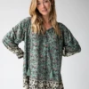 Natural Life Dara V-Neck Mini Dress - Sage Black Floral Border