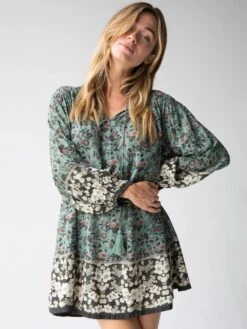 Natural Life Dara V-Neck Mini Dress - Sage Black Floral Border -Natural Life Shop 484A0464 20copy