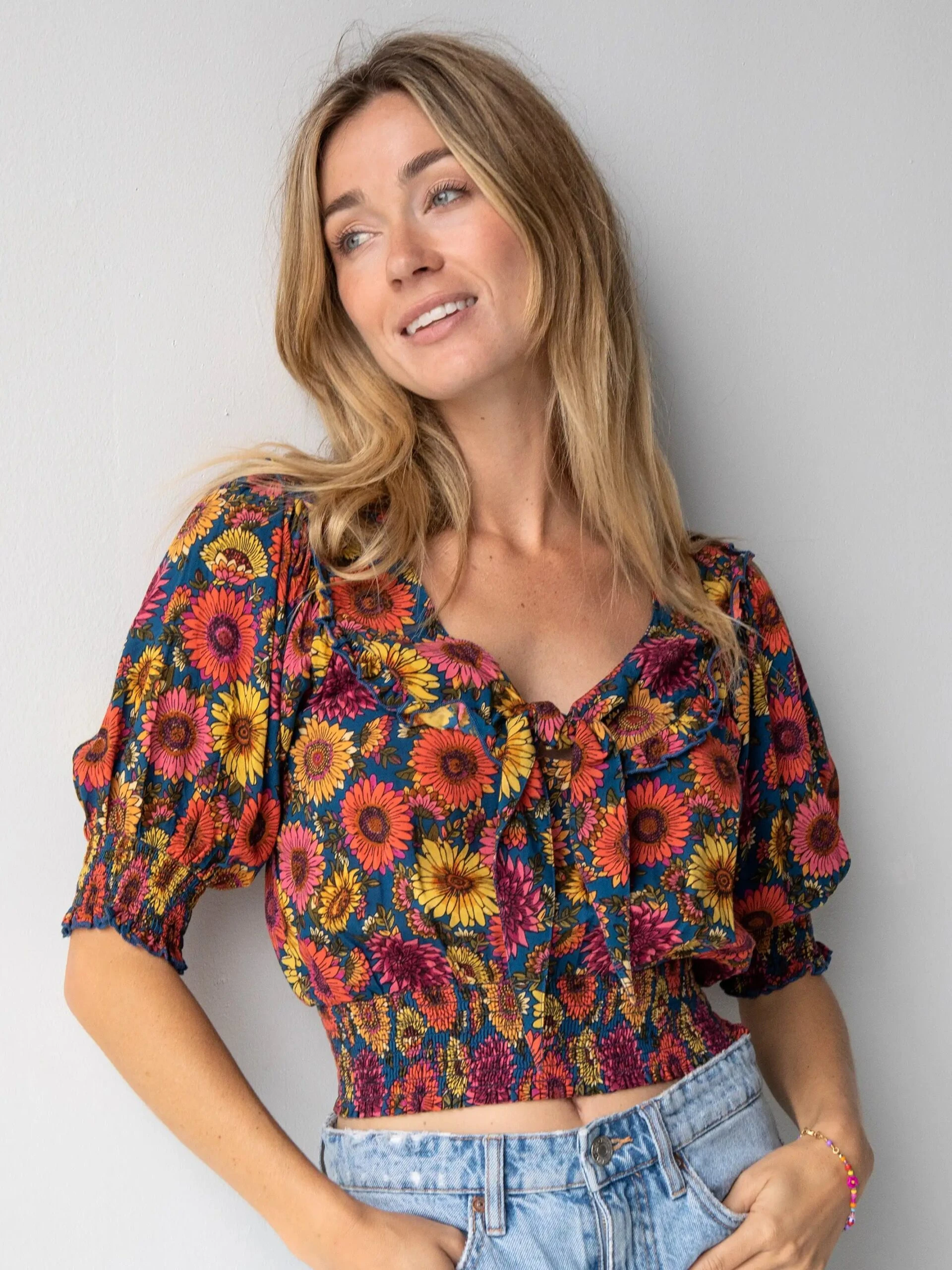 Natural Life Good Vibes Smocked Top - Sunflower 1 Natural Life Good Vibes Smocked Top - Sunflower