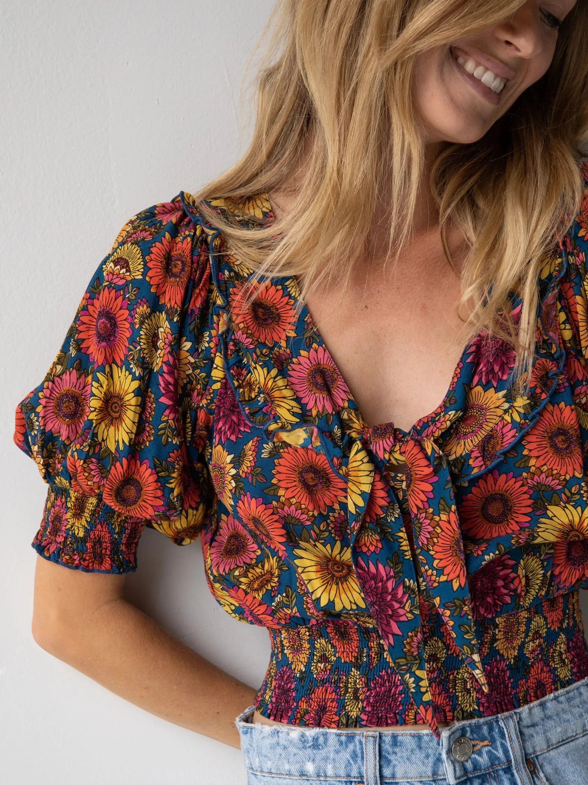 Natural Life Good Vibes Smocked Top - Sunflower 3 Natural Life Good Vibes Smocked Top - Sunflower - Image 3