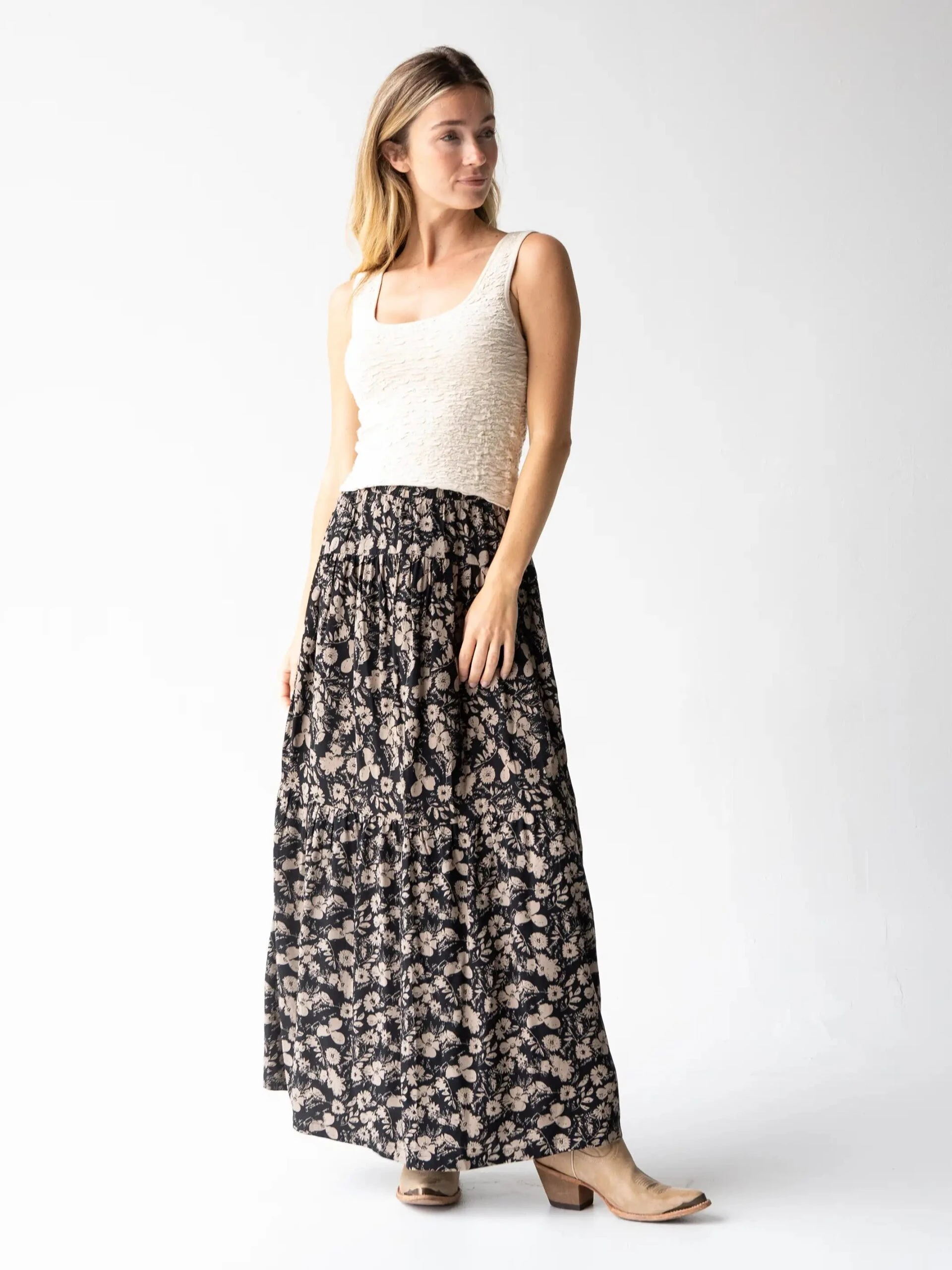 Natural Life Calla Maxi Skirt - Black Tan Leafy Floral 2 Natural Life Calla Maxi Skirt - Black Tan Leafy Floral - Image 2