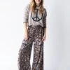 Natural Life Wide Leg Pant - Charcoal Light Blue Floral Border