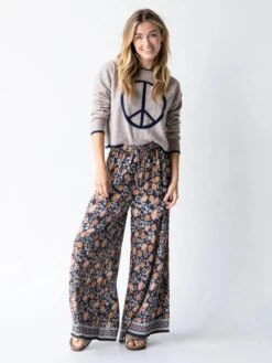 Natural Life Wide Leg Pant - Charcoal Light Blue Floral Border