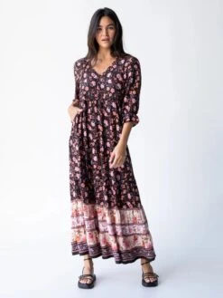 Natural Life Vivian Maxi Dress - Brown Cream Floral