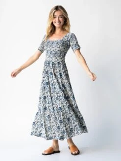Natural Life Daisy Tiered Midi Dress - Ivory Blue Vines