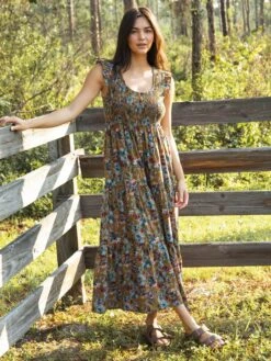 Natural Life Olivia Smocked Maxi Dress - Olive Floral