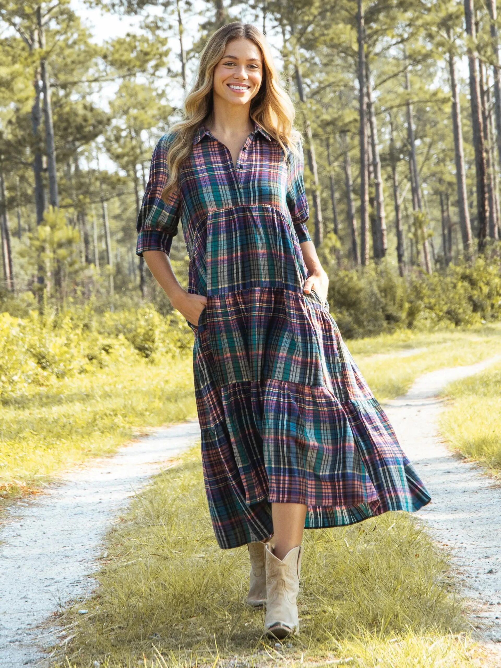 Natural Life Rebecca Tiered Dress - Rainbow Plaid Flannel 1 Natural Life Rebecca Tiered Dress - Rainbow Plaid Flannel