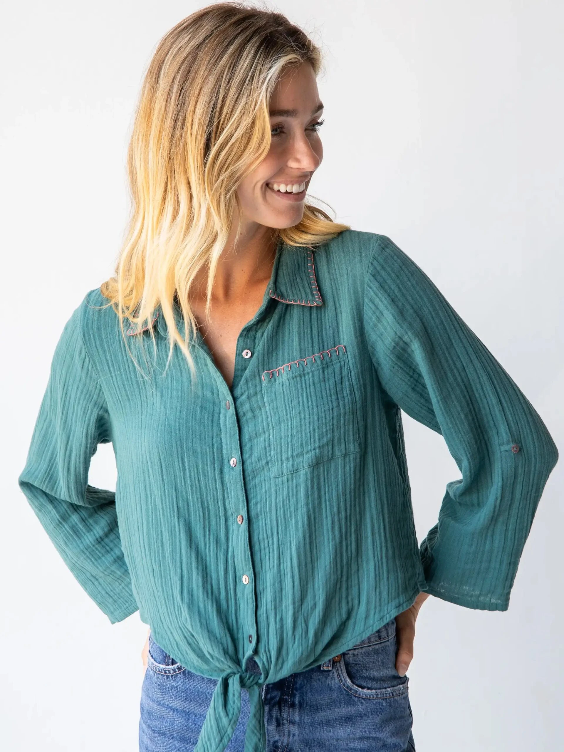 Natural Life Lola Tie Button Down - Teal 1 Natural Life Lola Tie Button Down - Teal