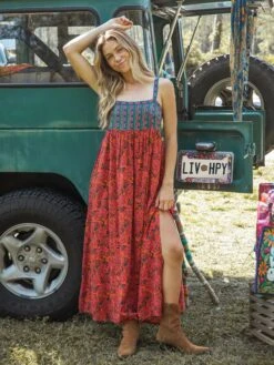 Natural Life Patti Side Slit Maxi Dress - Red Orange Mixed Print