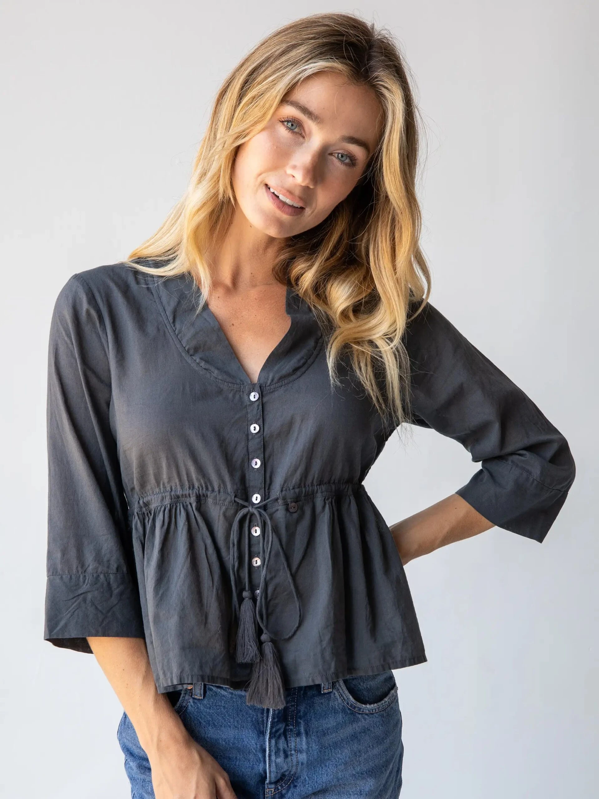 Natural Life Chloe Tie Top - Charcoal 2 Natural Life Chloe Tie Top - Charcoal - Image 2