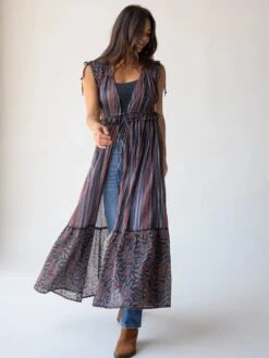 Natural Life Ayla Kimono - Navy Red Stripe Floral