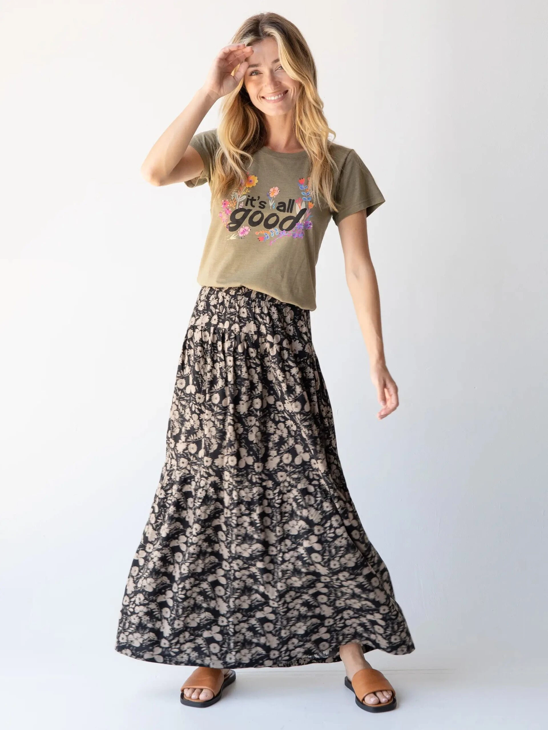 Natural Life Calla Maxi Skirt - Black Tan Leafy Floral 3 Natural Life Calla Maxi Skirt - Black Tan Leafy Floral - Image 3