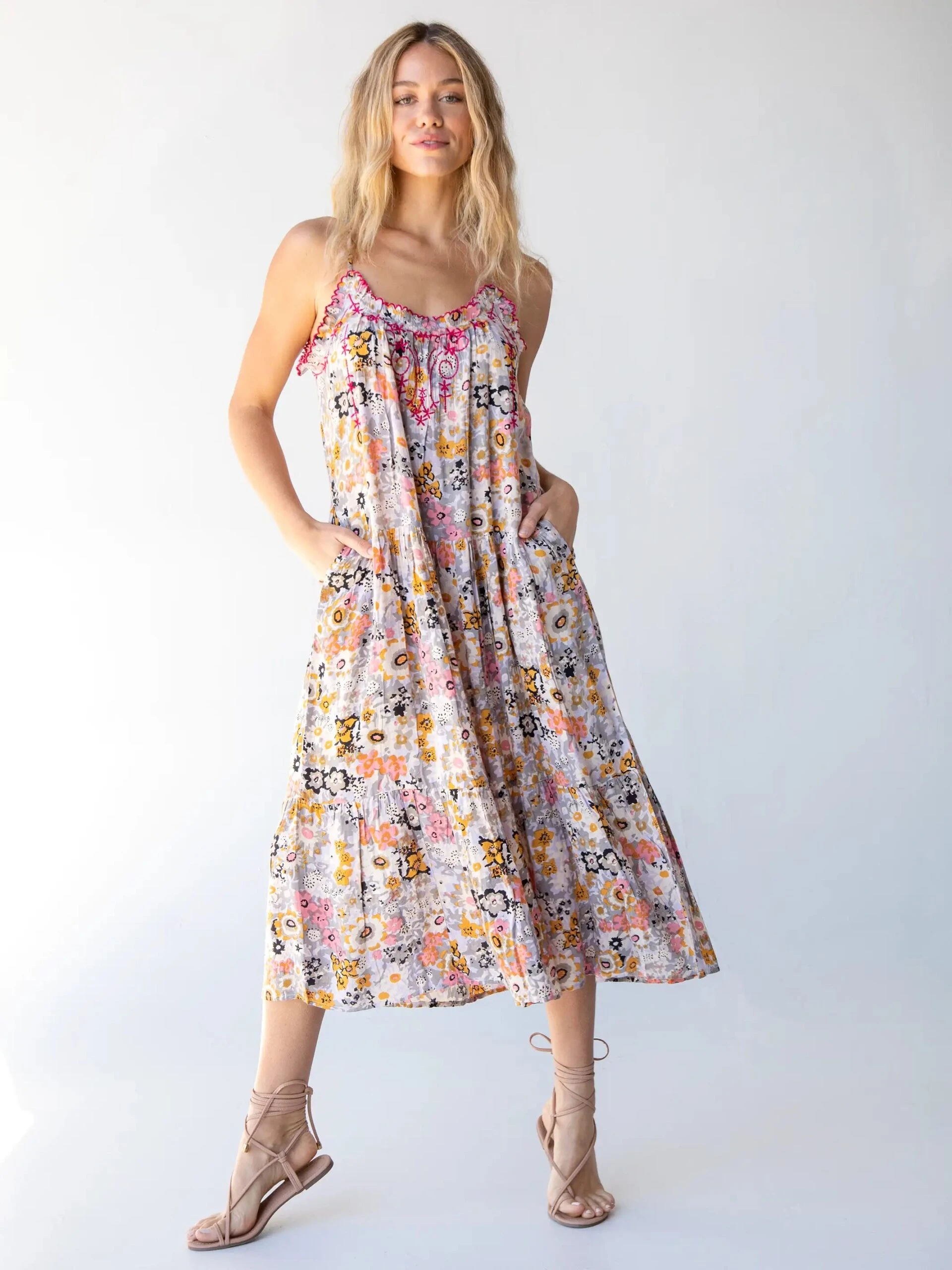 Natural Life Embroidered Harley Midi Dress - Tan Orange Floral 2 Natural Life Embroidered Harley Midi Dress - Tan Orange Floral - Image 2