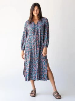 Natural Life Rowan Side Slit Midi Dress - Teal Dahlias -Natural Life Shop 484A5225 20copy