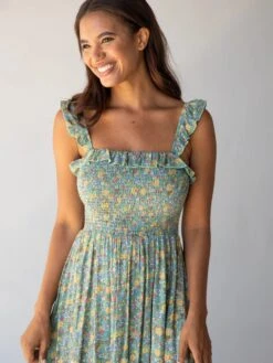 Natural Life Megan Smocked Midi Dress - Green Blue Floral
