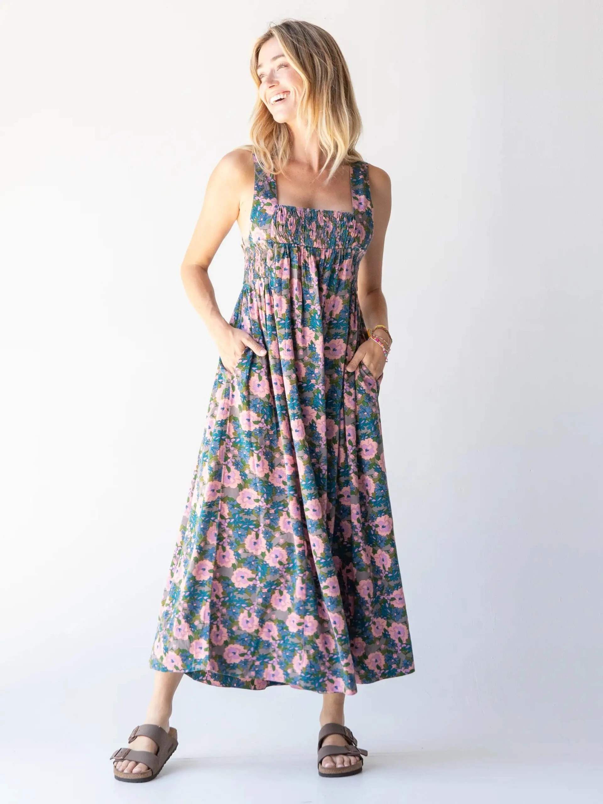Natural Life Claudia Smocked Maxi Dress - Pink Blue Floral 1 Natural Life Claudia Smocked Maxi Dress - Pink Blue Floral