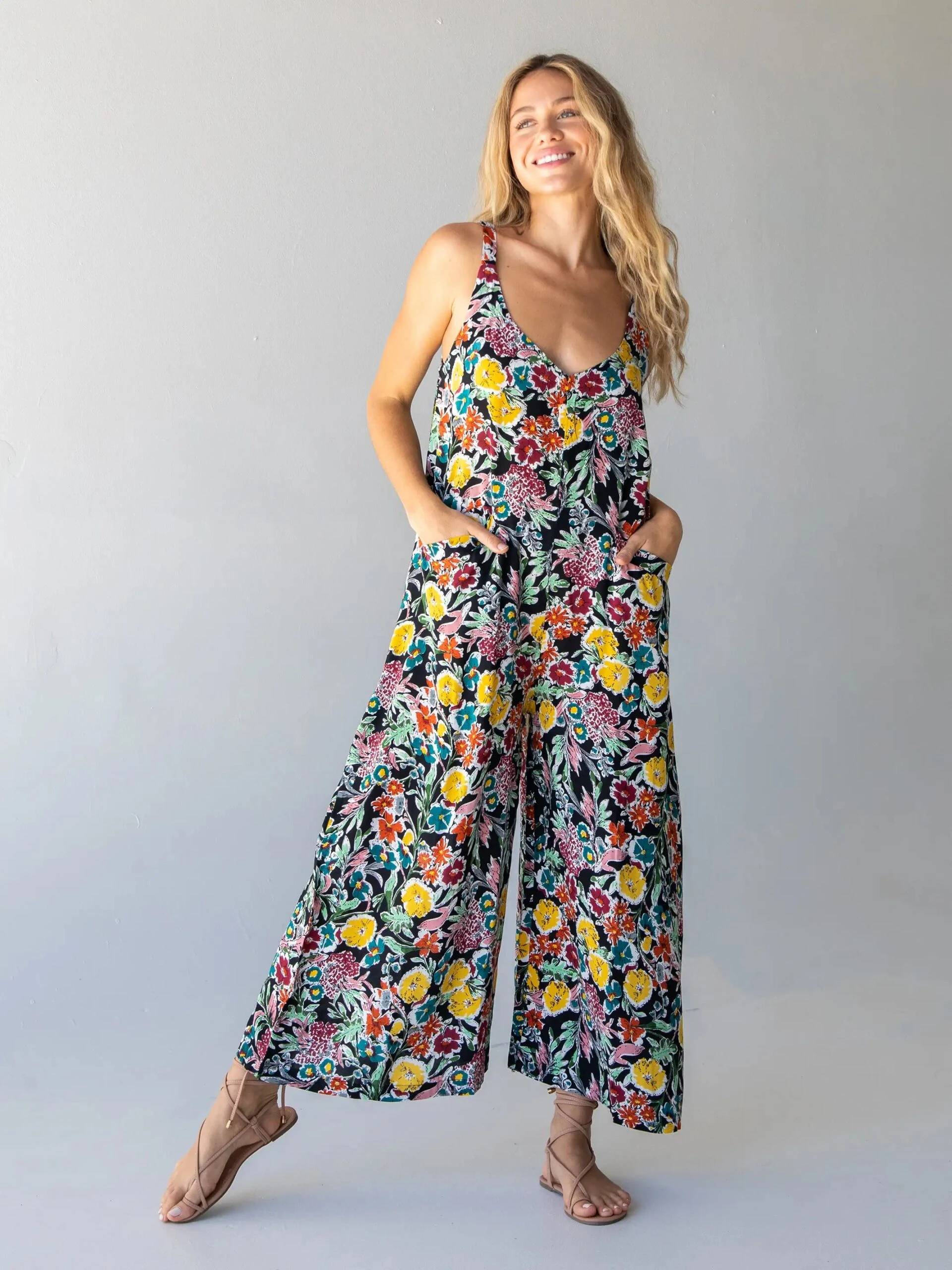 Natural Life Chelsea Jumpsuit - Black Multi Floral 1 Natural Life Chelsea Jumpsuit - Black Multi Floral
