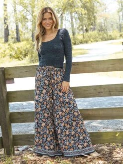 Natural Life Wide Leg Pant - Charcoal Light Blue Floral Border -Natural Life Shop 484A6454 20copy