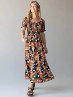 Natural Life Daisy Tiered Midi Dress - Navy Yellow Floral