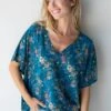 Natural Life Easy V-Neck Top - Dark Turquoise Cream Rose