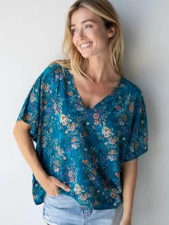 Natural Life Easy V-Neck Top - Dark Turquoise Cream Rose