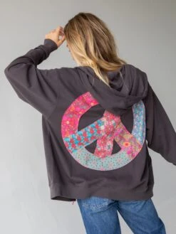 Natural Life Applique Zip-Up Hoodie - Charcoal Peace