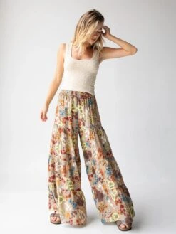 Natural Life Patti Palazzo Pant - Tan Cream Floral