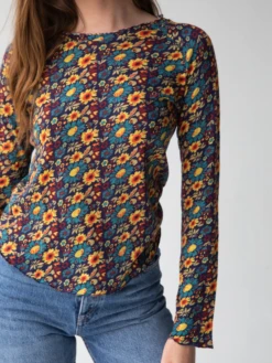 Natural Life Lily Printed Knit Long Sleeve Tee Shirt - Navy Olive Floral