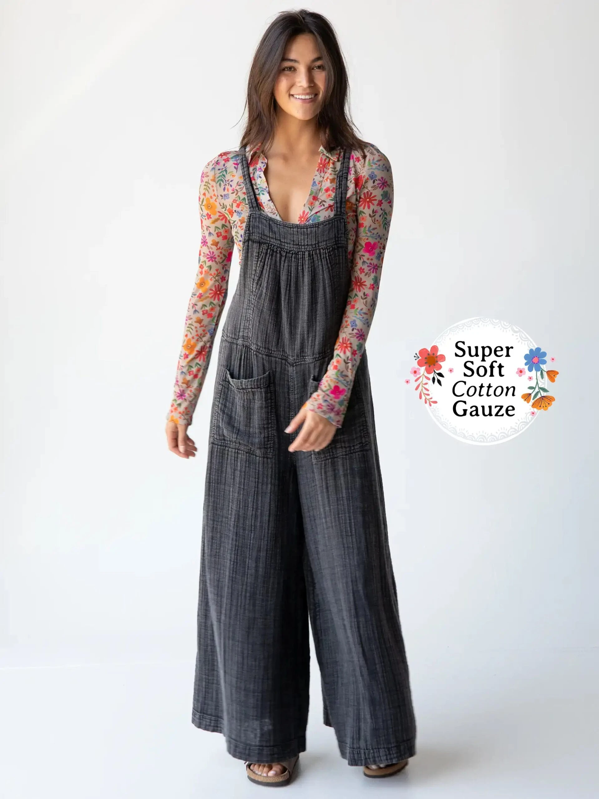 Natural Life Dakota Tie Gauze Overall - Washed Black 1 Natural Life Dakota Tie Gauze Overall - Washed Black