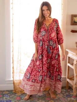 Natural Life Auguste Boho Maxi Dress - Red Pink Border