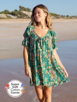 Natural Life Sienna Cotton Gauze Mini Dress - Turquoise Bouquets