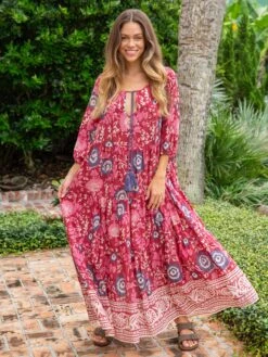 Natural Life Auguste Boho Maxi Dress - Red Pink Border -Natural Life Shop VP3A1698 1