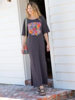 Natural Life Graphic Tee Maxi Dress - Charcoal Floral Bouquet