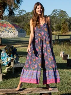 Natural Life Zoe Wide-Leg Jumpsuit - Charcoal Blue Border